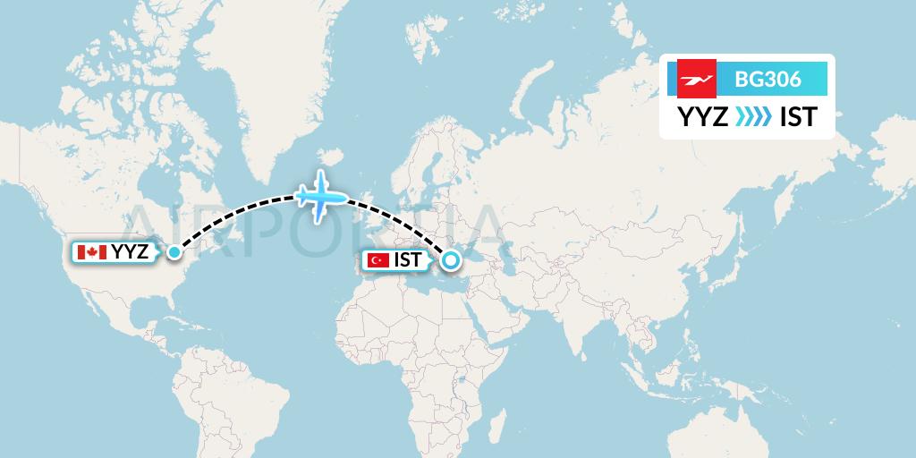 BG306 Biman Bangladesh Airlines Flight Map: Toronto to Istanbul