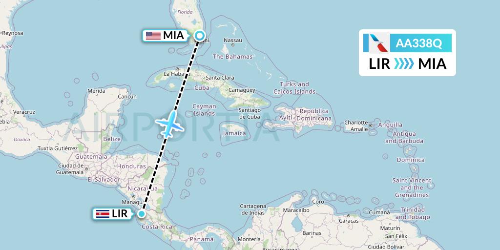 AA338Q American Airlines Flight Map: Liberia to Miami