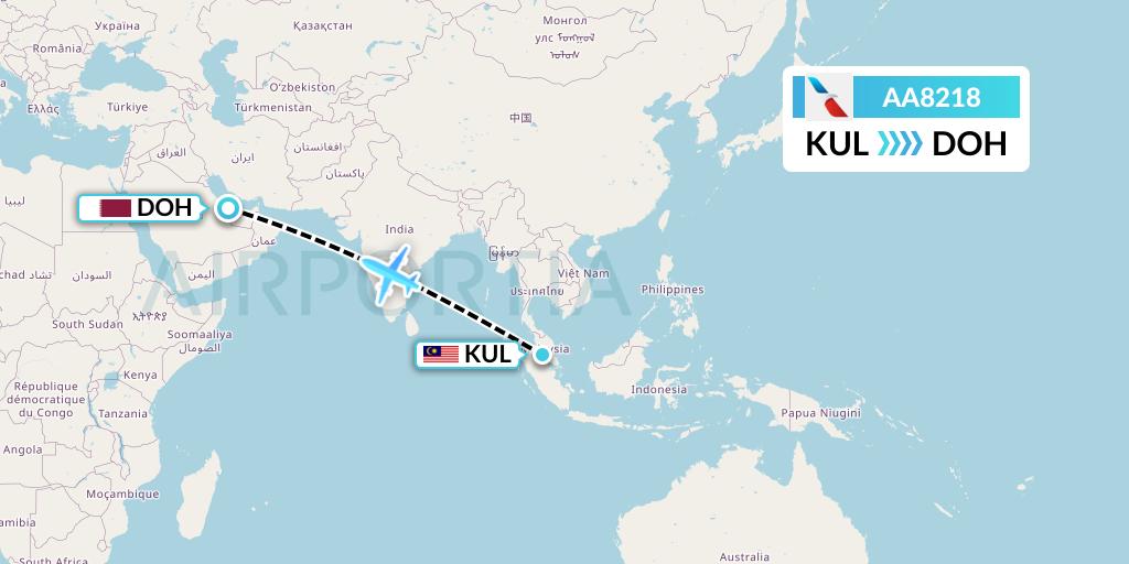 AA8218 American Airlines Flight Map: Kuala Lumpur to Doha