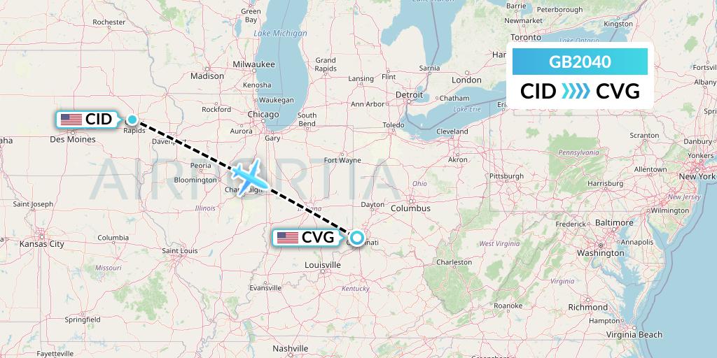 GB2040 ABX Air Flight Map: Cedar Rapids to Cincinnati