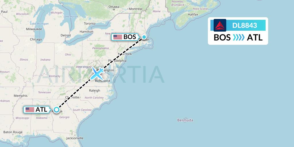 DL8843 Delta Air Lines Flight Map: Boston to Atlanta