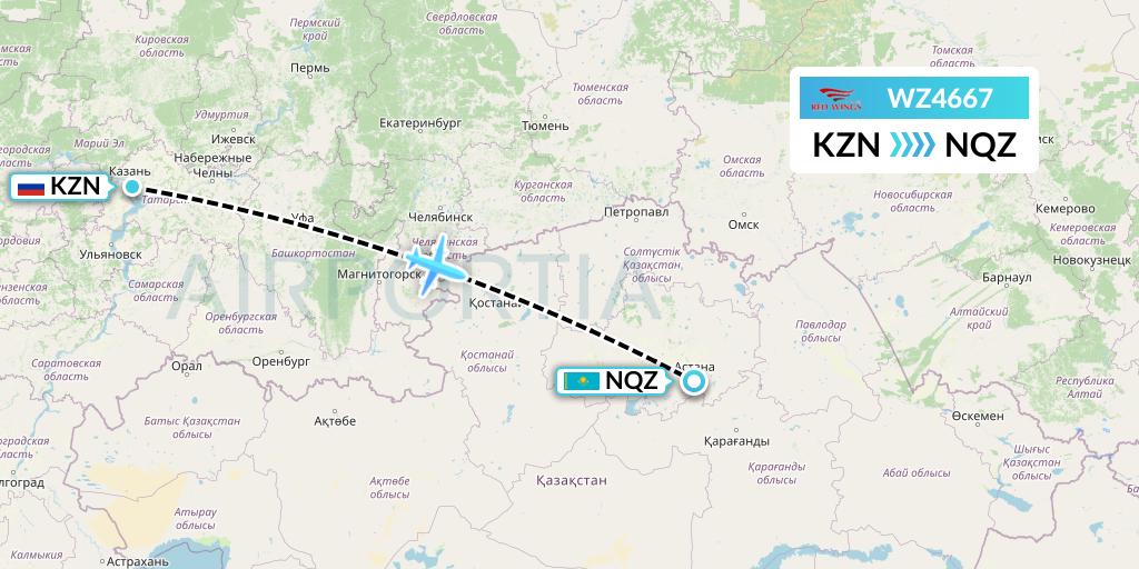 WZ4667 Red Wings Flight Map: Kazan to Astana