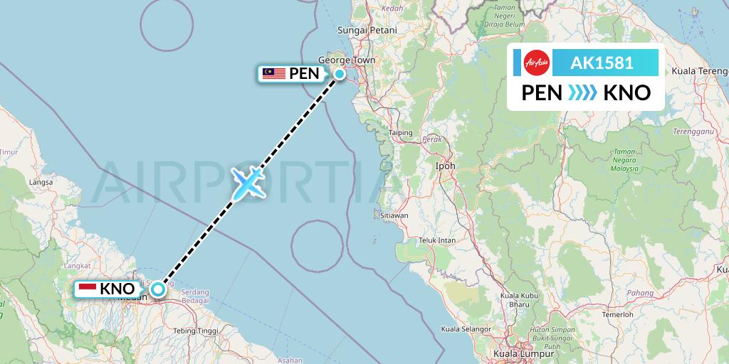 AK1581 AirAsia Flight Map: Penang to Medan