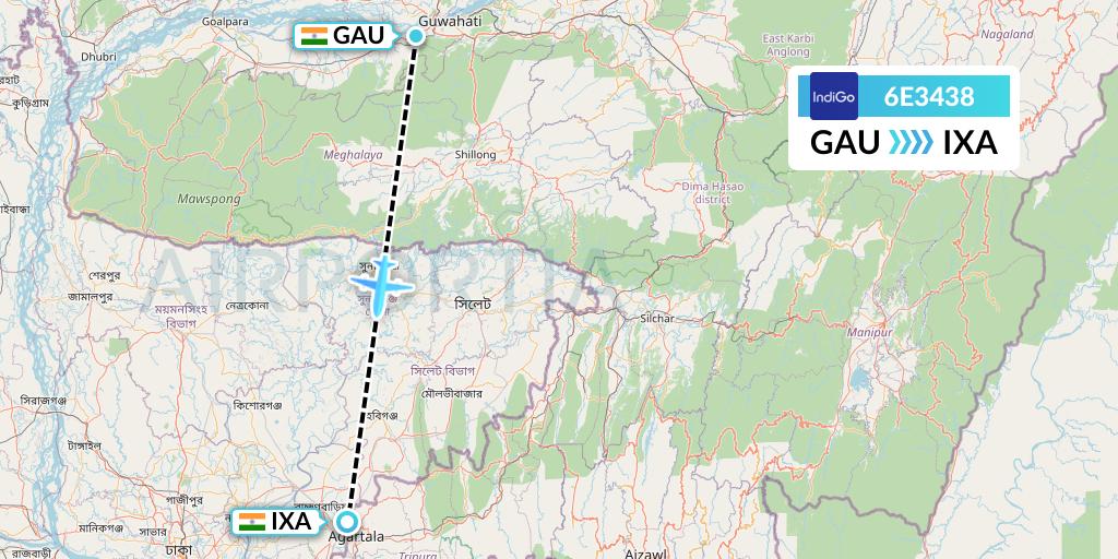 6E3438 IndiGo Airlines Flight Map: Guwahati to Agartala