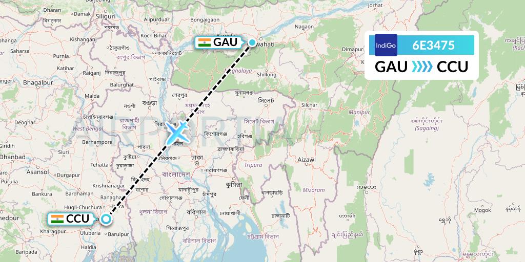 6E3475 IndiGo Airlines Flight Map: Guwahati to Kolkata