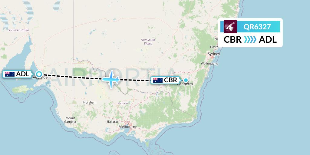 QR6327 Qatar Airways Flight Map: Canberra to Adelaide