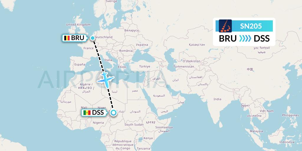 SN205 Brussels Airlines Flight Map: Brussels to Dakar