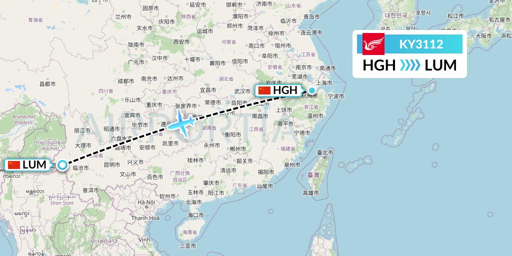 KY3112 Kunming Airlines Flight Map: Hangzhou to Mangshi