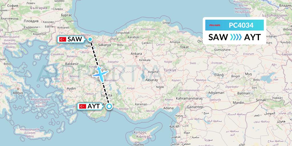 PC4034 Pegasus Airlines Flight Map: Istanbul to Antalya