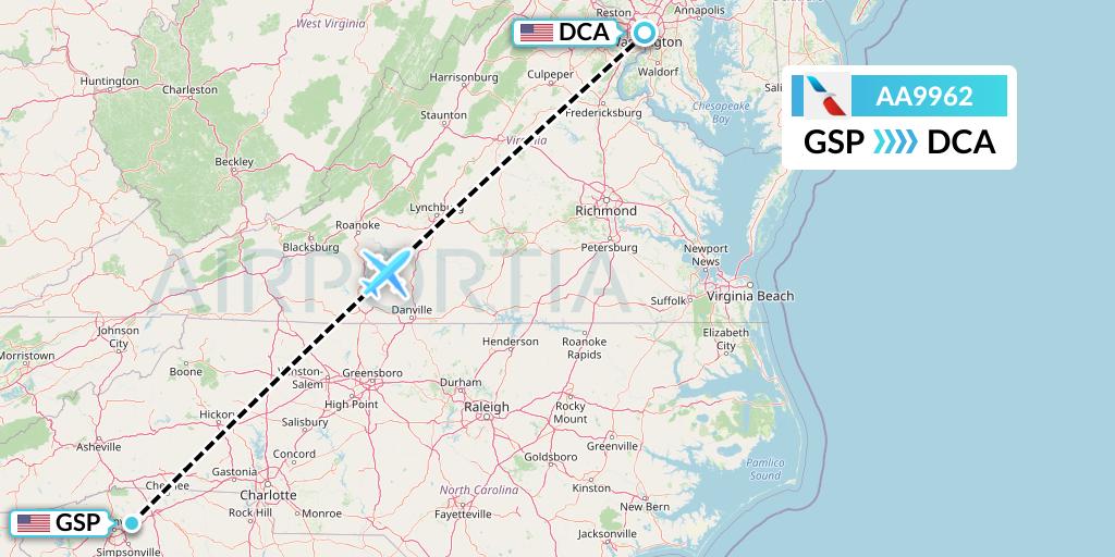 AA9962 American Airlines Flight Map: Greenville-Spartanburg to Washington