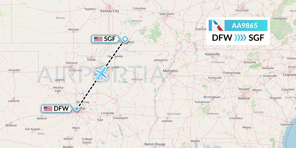 AA9865 American Airlines Flight Map: Dallas to Springfield