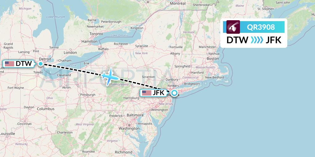 QR3908 Qatar Airways Flight Map: Detroit to New York