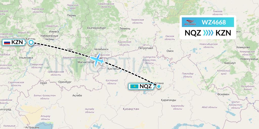 WZ4668 Red Wings Flight Map: Astana to Kazan