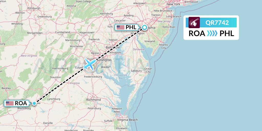 QR7742 Qatar Airways Flight Map: Roanoke to Philadelphia