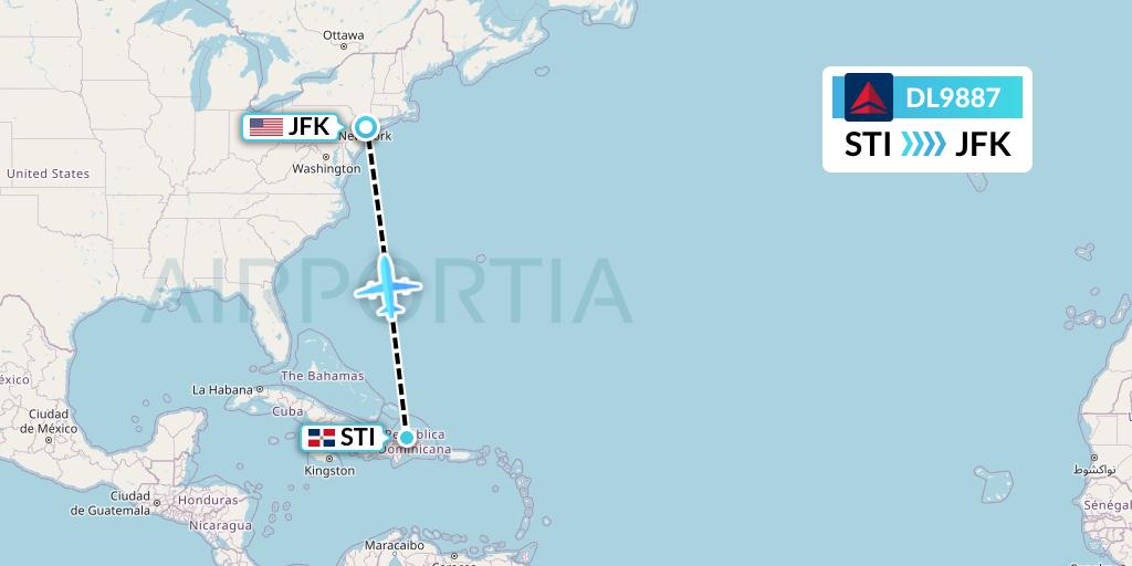 DL9887 Delta Air Lines Flight Map: Santiago de los Caballeros to New York