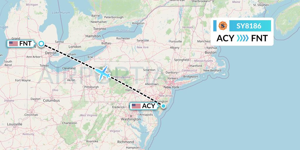 SY8186 Sun Country Airlines Flight Map: Atlantic City to Flint