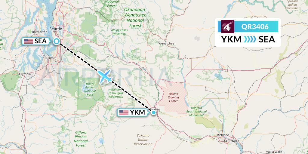 QR3406 Qatar Airways Flight Map: Yakima to Seattle