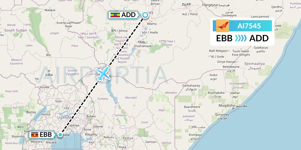 AI7545 Air India Flight Map: Entebbe to Addis Ababa