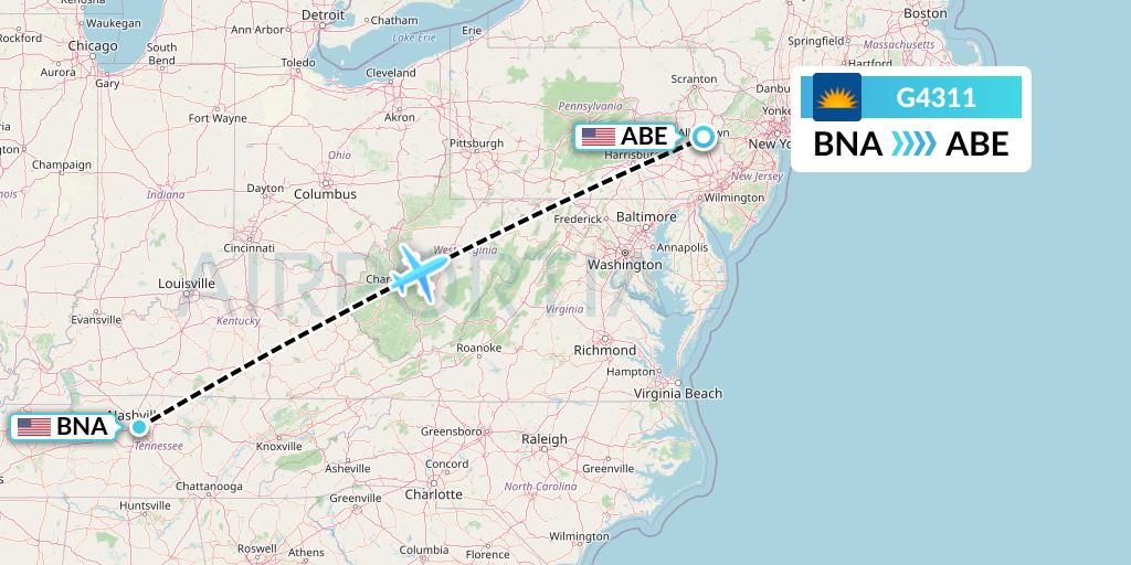 G4311 Allegiant Air Flight Map: Nashville to Allentown