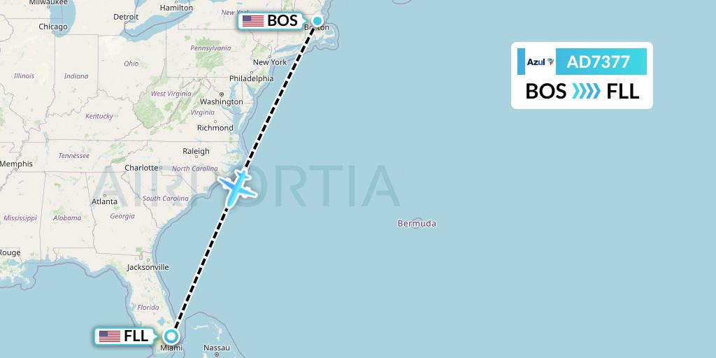 AD7377 Azul Brazilian Airlines Flight Map: Boston to Fort Lauderdale