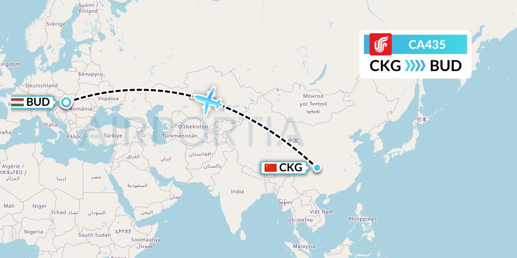 CA435 Air China Flight Map: Chongqing to Budapest