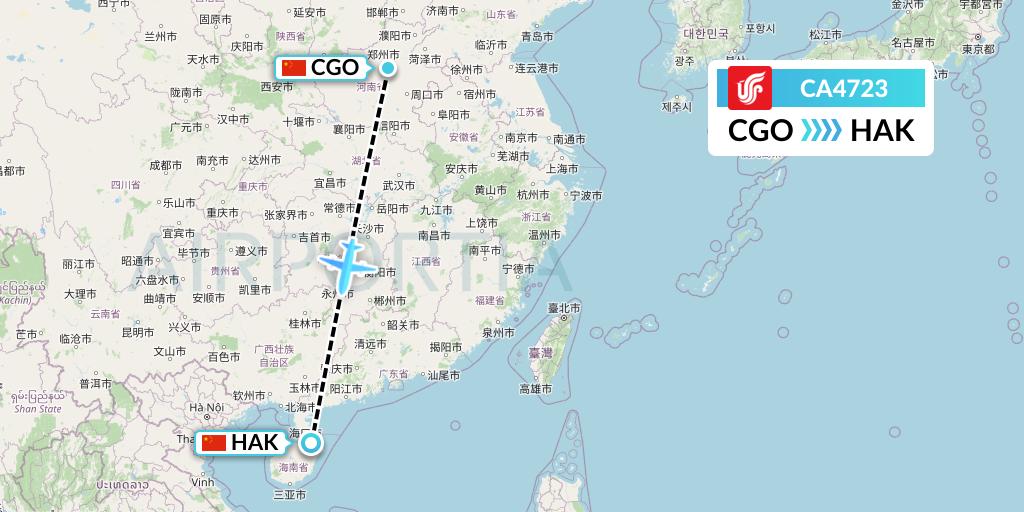 CA4723 Air China Flight Map: Zhengzhou to Haikou