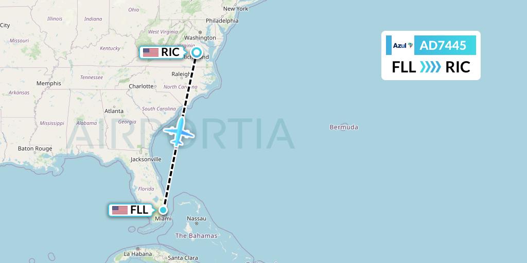 AD7445 Azul Brazilian Airlines Flight Map: Fort Lauderdale to Richmond