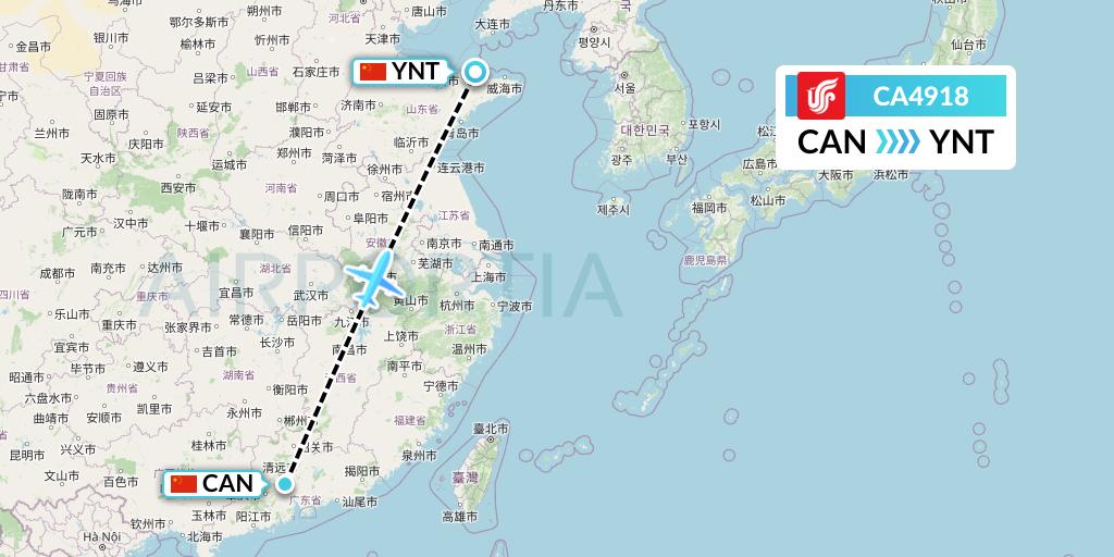 CA4918 Air China Flight Map: Guangzhou to Yantai