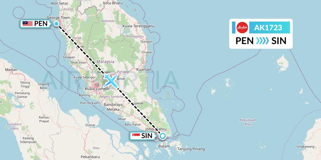 AK1723 AirAsia Flight Map: Penang to Singapore