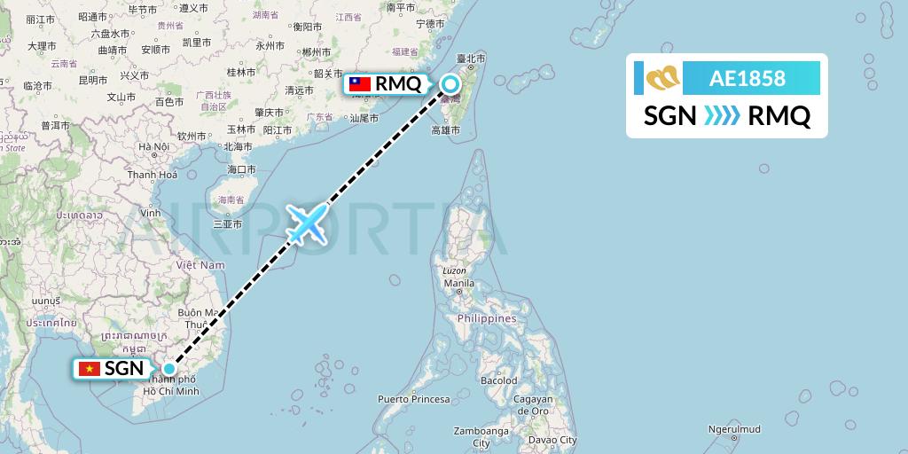 AE1858 Mandarin Airlines Flight Map: Ho Chi Minh City to Taichung