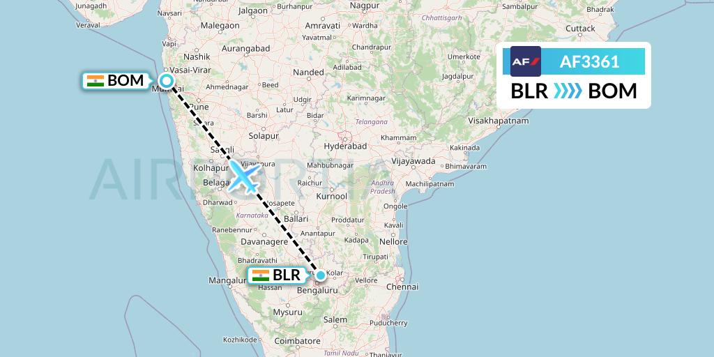 AF3361 Air France Flight Map: Bangalore to Mumbai