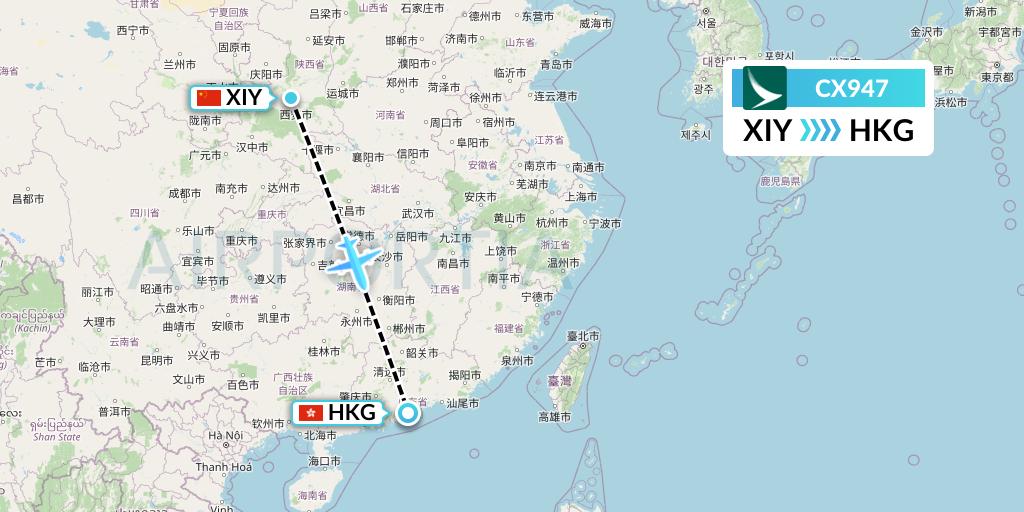 CX947 Cathay Pacific Flight Map: Xi'an to Hong Kong