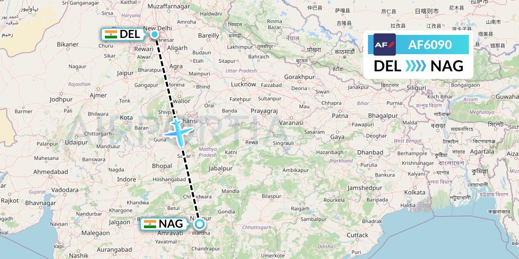 AF6090 Air France Flight Map: Delhi to Nagpur