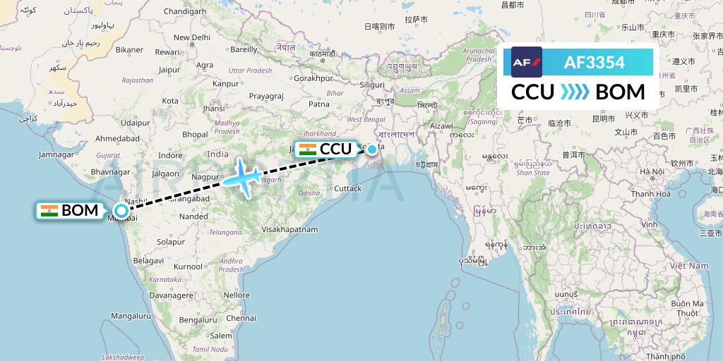 AF3354 Air France Flight Map: Kolkata to Mumbai
