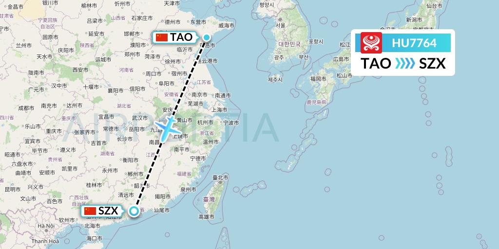 HU7764 Hainan Airlines Flight Map: Qingdao to Shenzhen