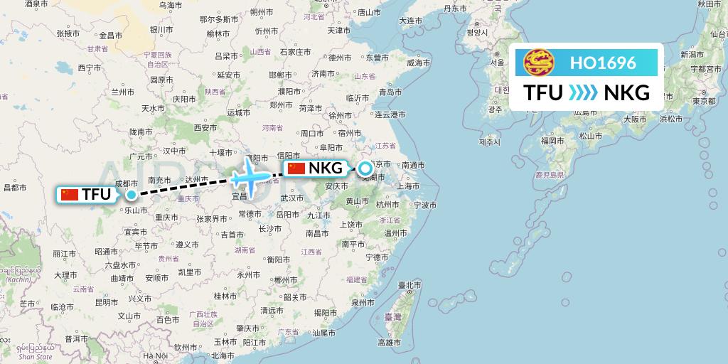 HO1696 Juneyao Airlines Flight Map: Chengdu to Nanjing