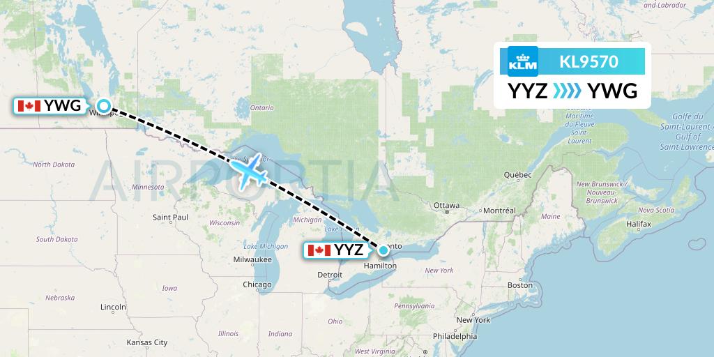 KL9570 KLM Flight Map: Toronto to Winnipeg
