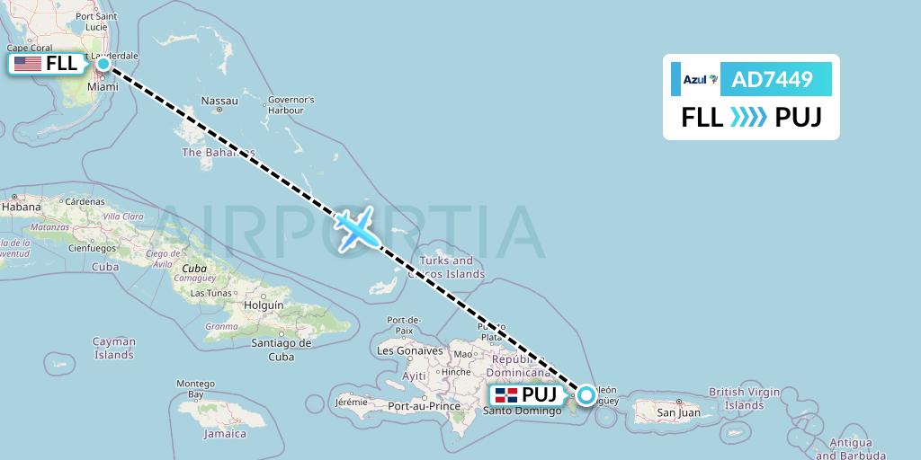 AD7449 Azul Brazilian Airlines Flight Map: Fort Lauderdale to Punta Cana