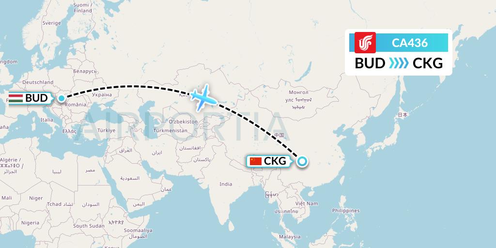 CA436 Air China Flight Map: Budapest to Chongqing