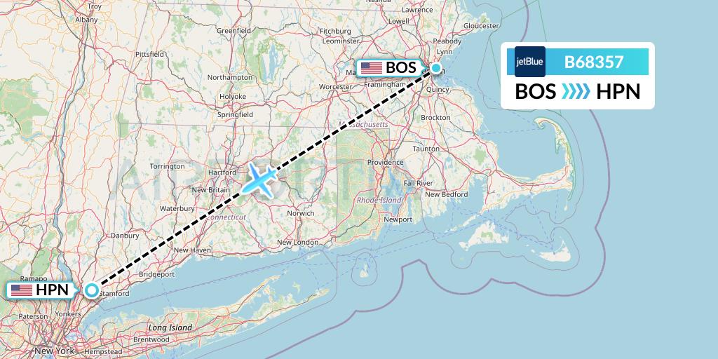 B68357 JetBlue Airways Flight Map: Boston to White Plains