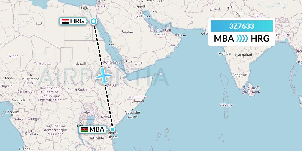 3Z7633 Travel Service Polska Flight Map: Mombasa to Hurghada