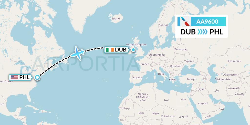 AA9600 American Airlines Flight Map: Dublin to Philadelphia