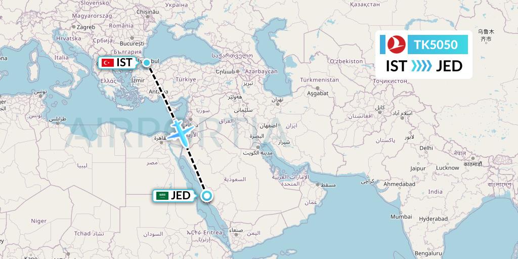 TK5050 Turkish Airlines Flight Map: Istanbul to Jeddah