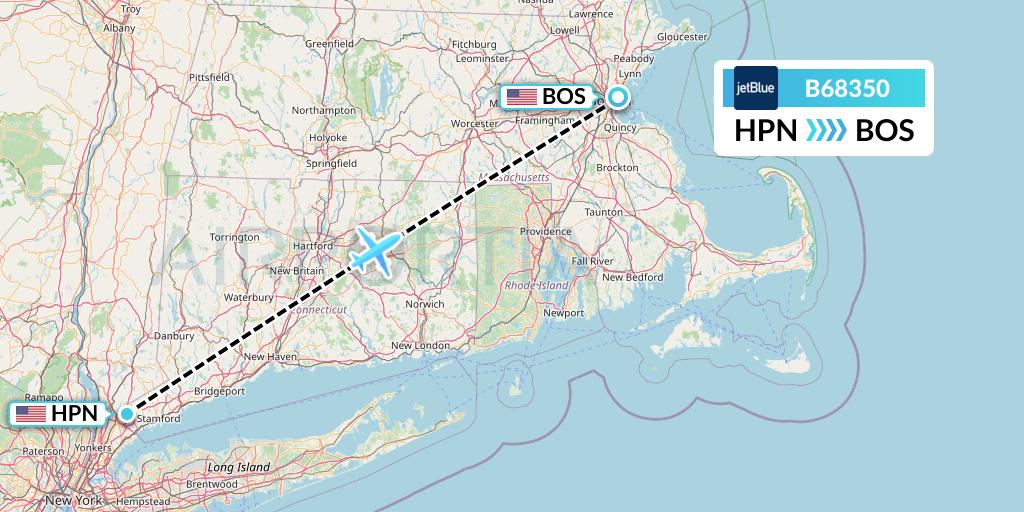 B68350 JetBlue Airways Flight Map: White Plains to Boston