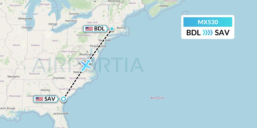 MX530 Breeze Airways Flight Map: Windsor Locks to Savannah