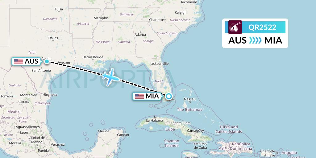 QR2522 Qatar Airways Flight Map: Austin to Miami