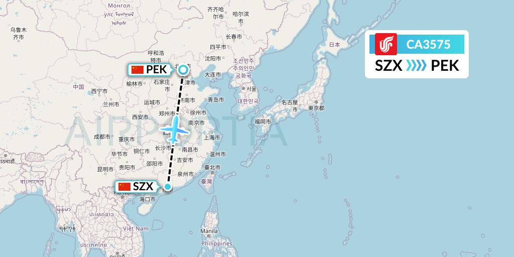 CA3575 Air China Flight Map: Shenzhen to Beijing