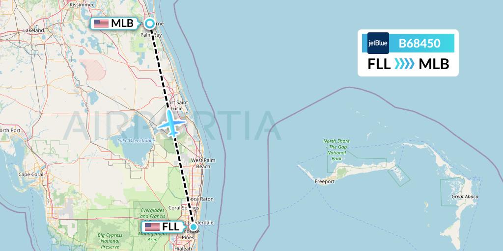 B68450 JetBlue Airways Flight Map: Fort Lauderdale to Melbourne