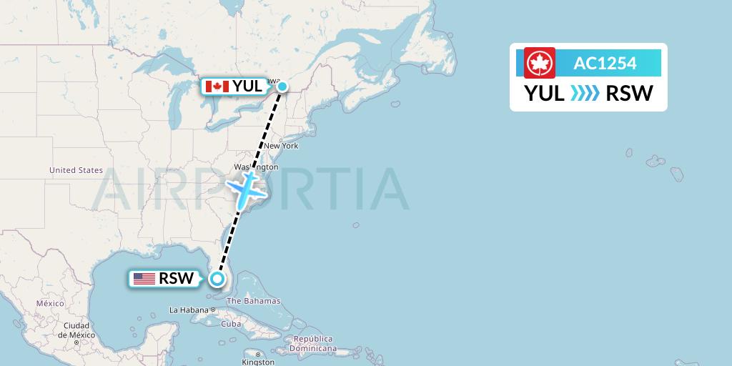 AC1254 Air Canada Flight Map: Montreal to Fort Myers
