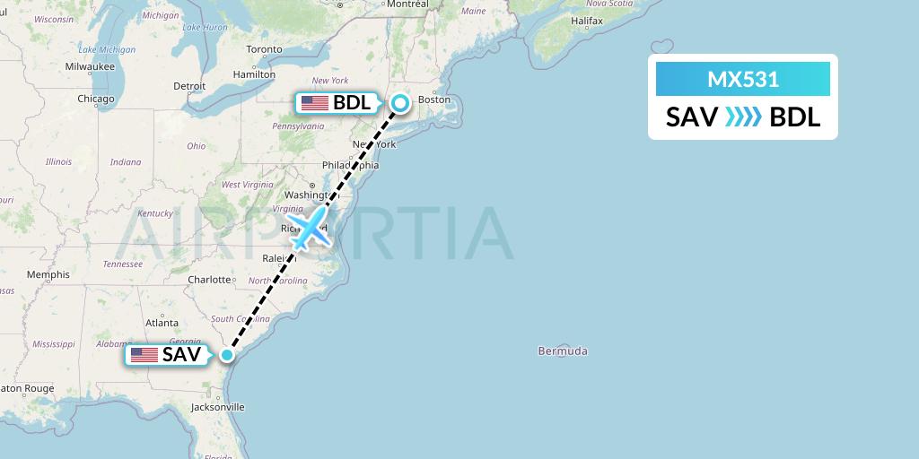 MX531 Breeze Airways Flight Map: Savannah to Windsor Locks